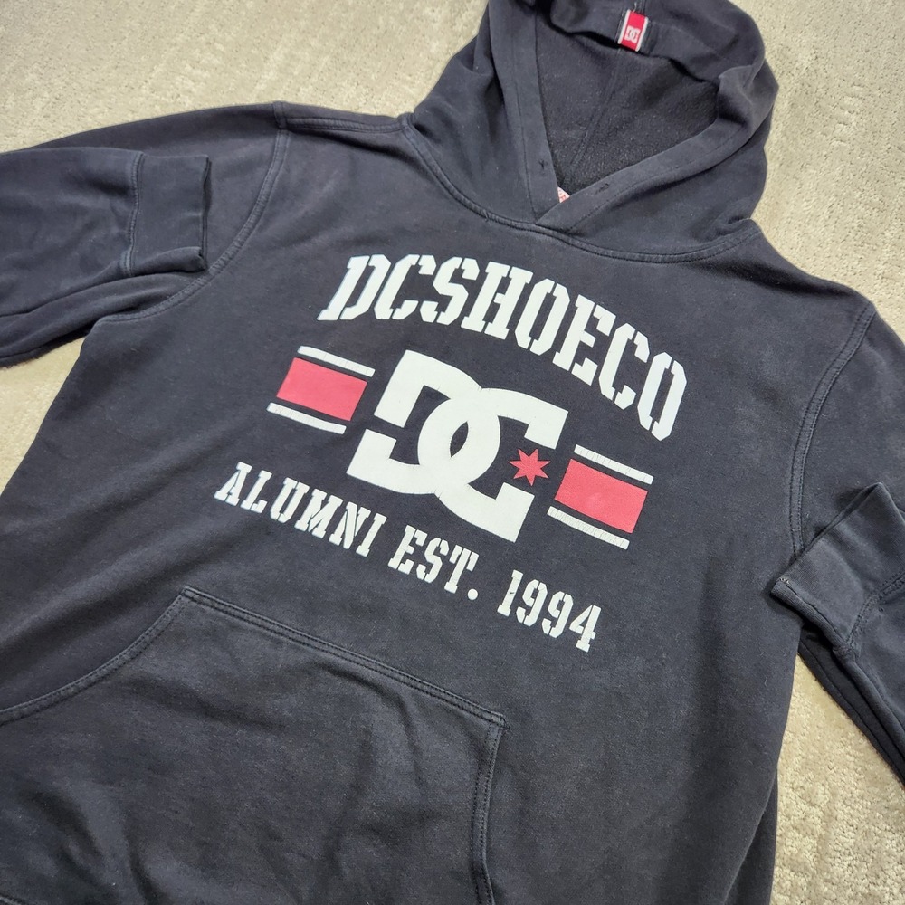 Vintage DC Skateboards Hoodie Men Small Y2K Black Distressed Shoe Co Dyrdek